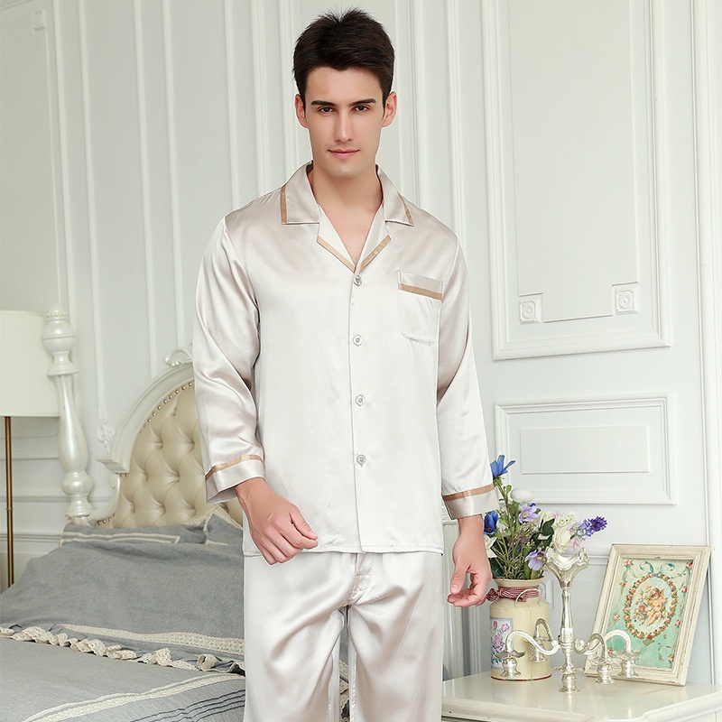 22 MMi Heavy Mulberry Silk Pajamas Men's Autumn Silk Long Sleeve Trousers Luxury Comfort Two-piece Set