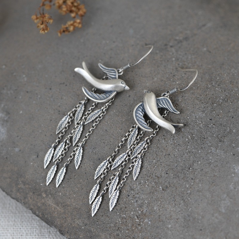 Golden Deer King S925 Silver Retro Old Craft Earrings For Women Ethnic Style Little Swallow Long Tassel Thai Silver Earrings