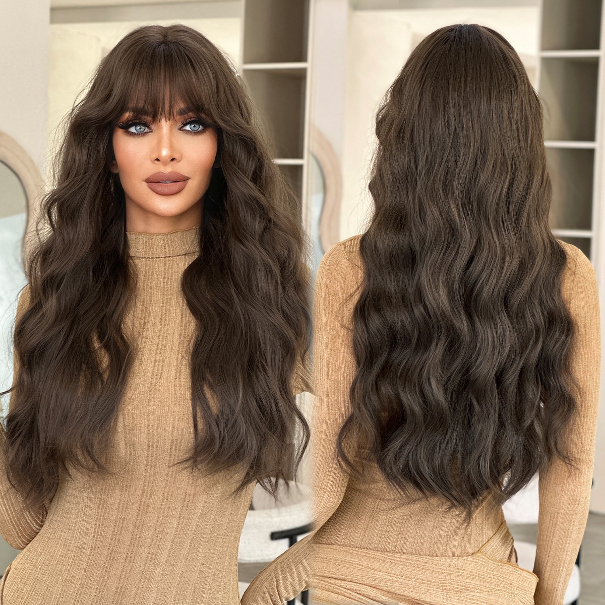 Natural Black Tea Brown Neat Bangs Long Curly Wig Girls Full Headgear Daily Use High Quality Wig