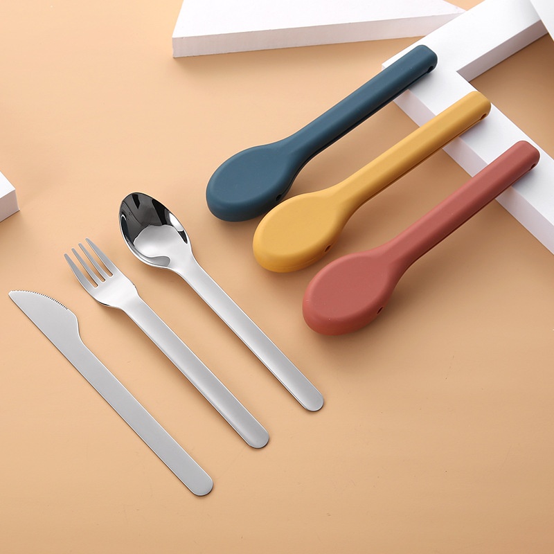 304 Stainless Steel Portable Tableware Knife Fork Spoon Chopsticks Three-piece Outdoor Office Student Silicone Set