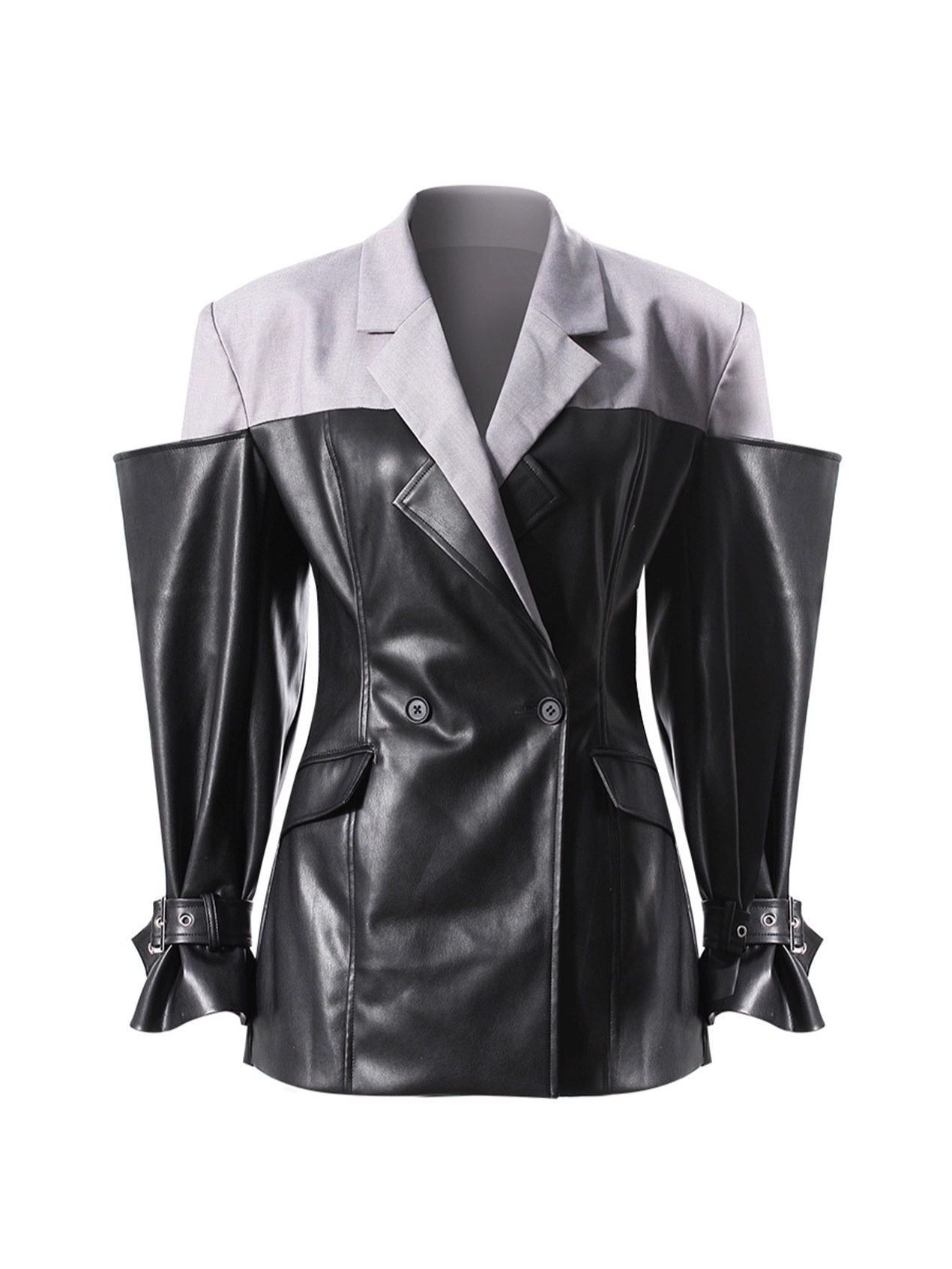 PU Leather Patchwork Suit Jacket With Unisex Style