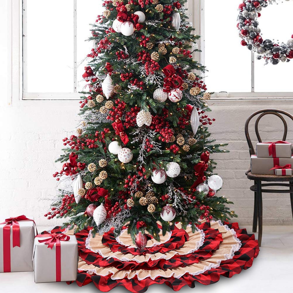 Christmas Decoration Supplies Cake Tree Skirt Plaid Burlap Christmas Tree Tree Mat Pleated Tree Skirt