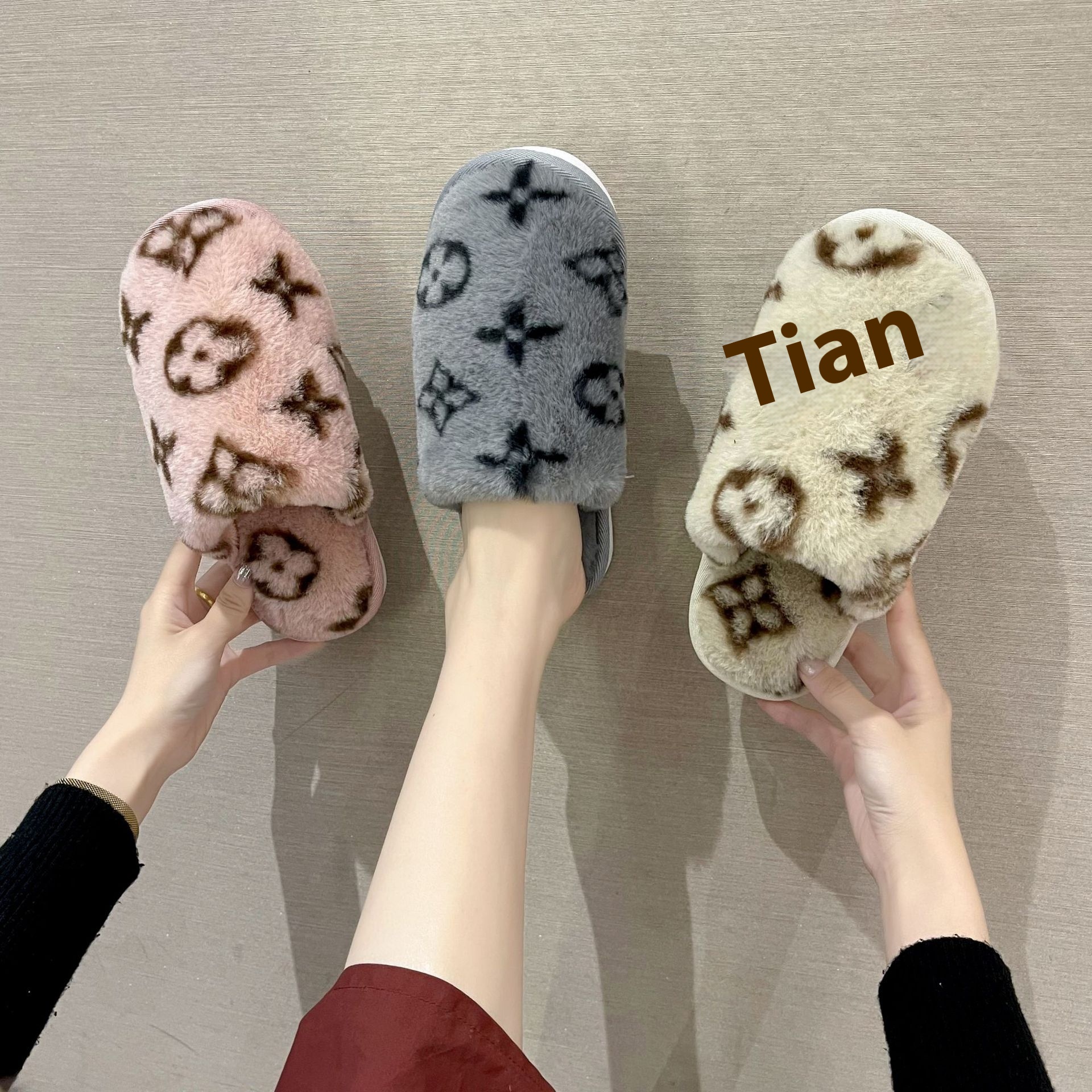 Printed Fur Slippers For Women Winter Home Fashion Warm Imitation Rabbit Wool Cotton Slippers Foreign Trade