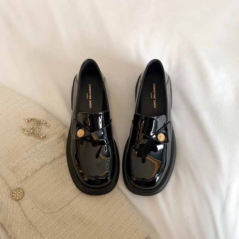 Garoya Thick-soled Thick-heeled Gold-buckled Leather Shoes For Women Autumn Square-toed Versatile Small Gold Coin Loafers For Women