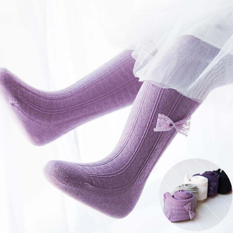 Spring And Summer Thin Cotton Lace Bow Vertical Stripe Love Children's Pantyhose Girls Dance Bottoming Socks