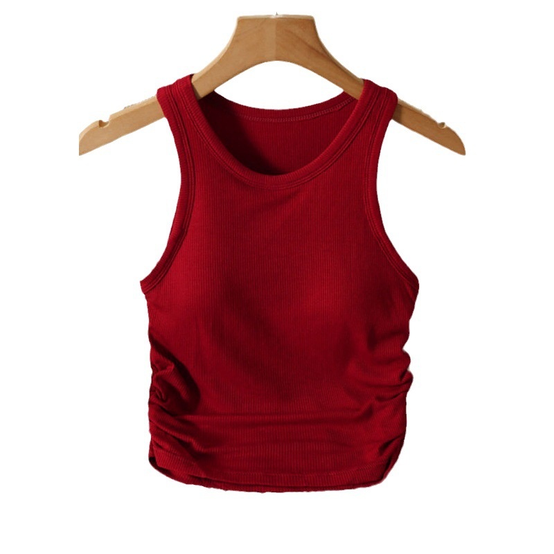 Spicy Girl Cotton Tank Top With Pleated Slimming Design, Fixed Cup, Can Be Worn As Outerwear Or As A Base Layer, Simple And Pure Style, Fashionable And Versatile