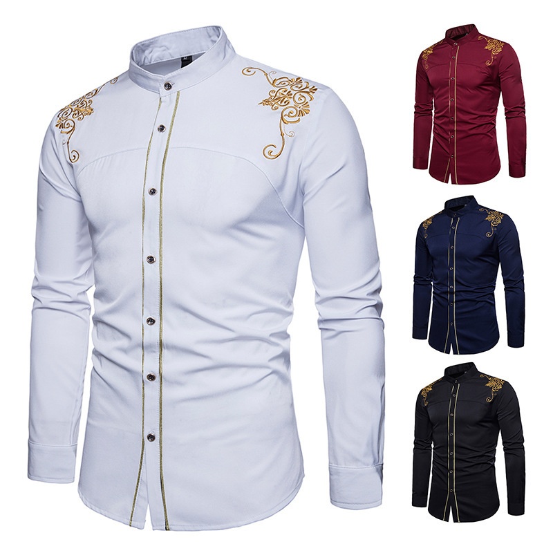 Foreign Trade2019 Fashion Men's Wear European And American Court Embroidery European And American Autumn Slim Long-sleeved Shirt