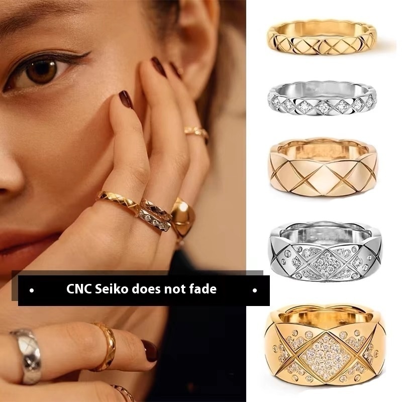 Titanium Steel Small Fragrant Style Diamond Plaid Ring Wide And Narrow Edition Diamond-encrusted Gone Tagram Cold Style18 KRose Gold Couple's Ring
