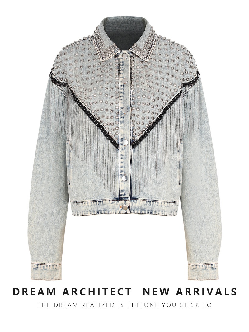 Denim Jacket With Metal Studs And Tassels, Loose Denim Top