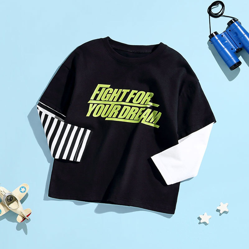 Spring And Summer Children's Long-sleeved T-shirt Boys'National Pure Cotton Fake Two-piece Baby Girls Printed Bottoming Shirt Inner Wear