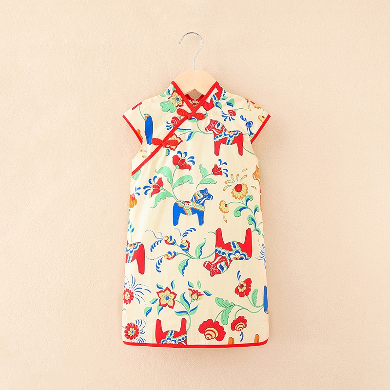 Girls Cheongsam Style Princess Dress Children's Short-sleeved Dress Small And Medium-sized Children Chinese Style Baby Hanfu