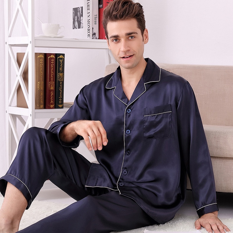 Silk Pajamas Spring And Summer Long-sleeved Two-piece Suit100%Mulberry Silk Noble Men's Home Clothes Silk Suit M8805