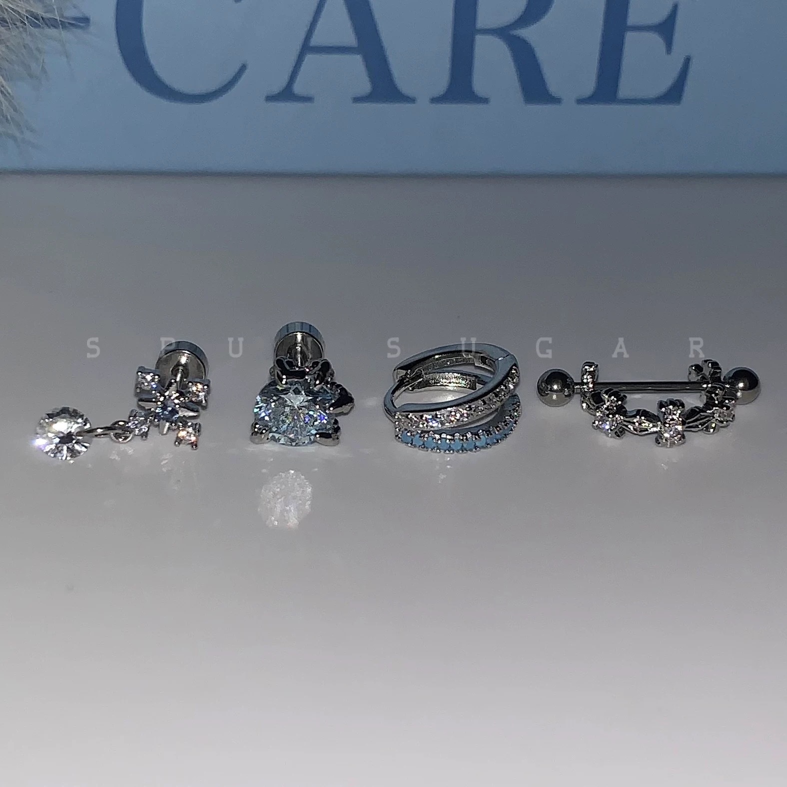 Blue Cross Snowflake Drop Ear Bone Nail Titanium Steel U-shaped Cross Ear Ring Stacked With Niche Double Blue Earrings For Women