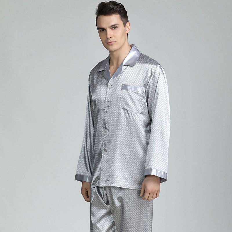 Men's Printed Silk Pajamas Spring And Summer Long-sleeved Large-size Home Clothes Suit Ice Silk Summer Pajamas Men