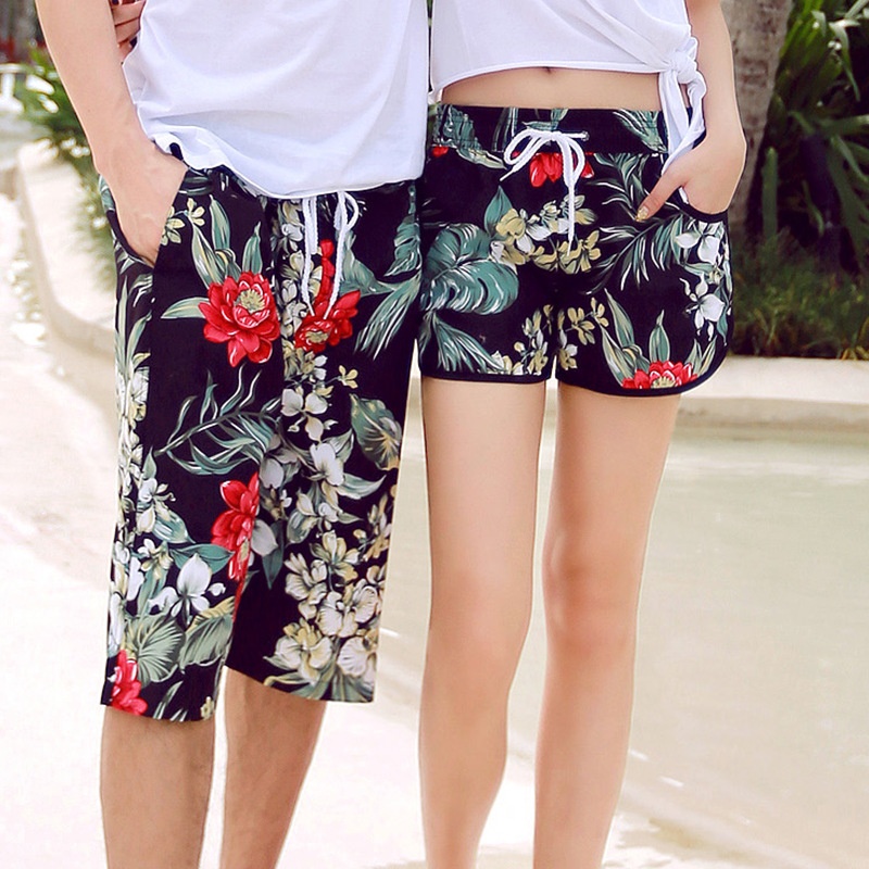 Beach Pants European And American Green Leaves And Red Flowers Men's Shorts Quick-drying Couple Beach Pants