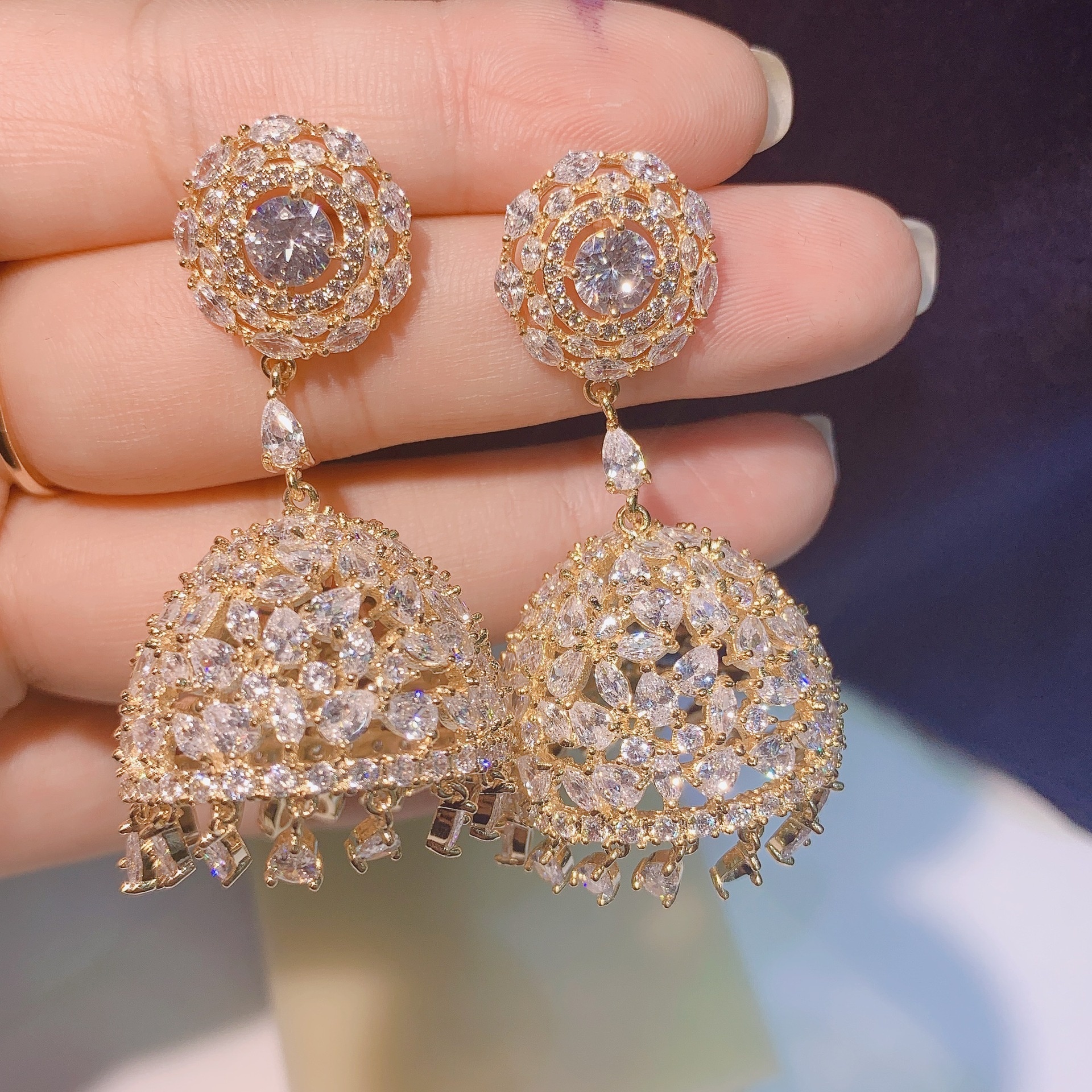 Heavy-duty Luxury Full Zirconium Long Water Drop Chain Tassel Lantern Earrings925 Silver Needle Net Celebrity Earrings