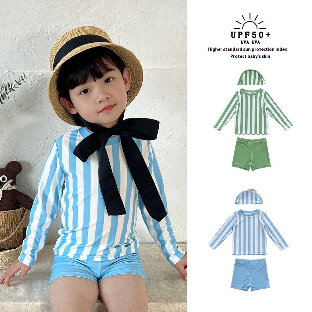 Children's Style Split Striped Swimsuit Baby Long-sleeved Quick-drying Sunscreen Swimsuit Boys And Girls Conservative Swimsuit