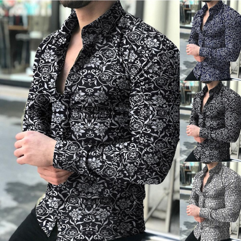 Spring Men's Foreign Trade Shirt European And American Muscle Men Lapel Cardigan Floral Shirt Slim Shirt