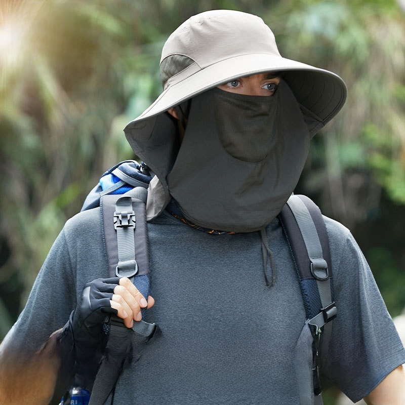 Summer Outdoor Sunscreen Cap Men's Anti-ultraviolet Sunshade Fishing Cap Water-repellent With Breathable Mask Large Brim Fisherman Hat