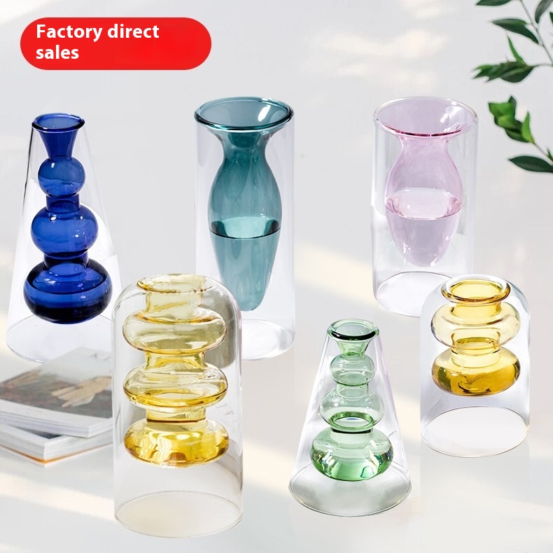 Colored Glass Vase Double Layer Nordic Fireless Rattan Aromatherapy Bottle High Borosilicate Ornaments Living Room Flower Arrangement Hydroponics - 2
