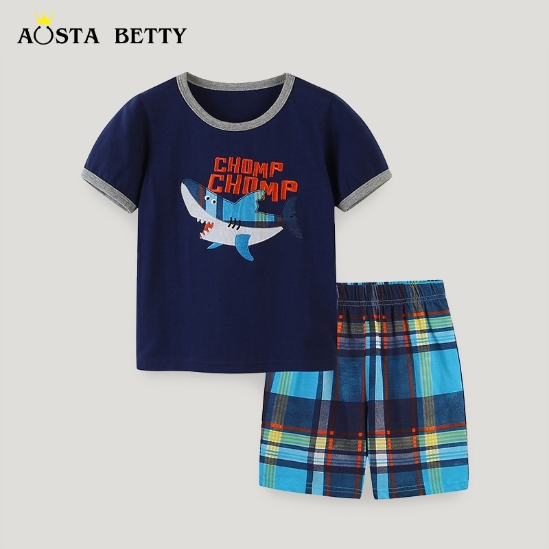 Summer Products Children's Short-sleeved T-shirt Suit Knitted Cotton Cartoon Embroidery Children's Suit Short-sleeved