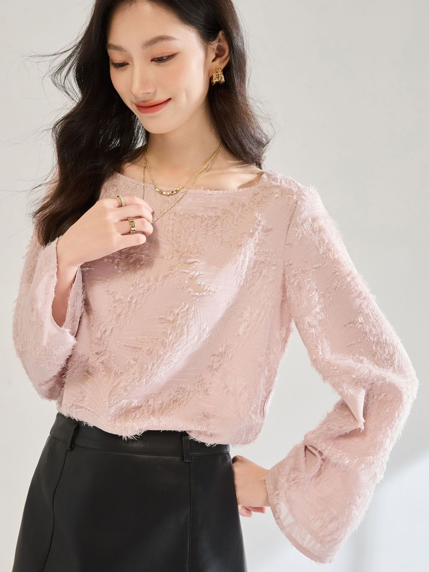 Pink Sweet Chiffon Shirt Cut Flower Tassel One-shoulder Short Top Shirt