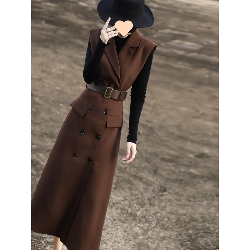 法式高级感气质通勤双排扣无袖西装马甲连衣裙女