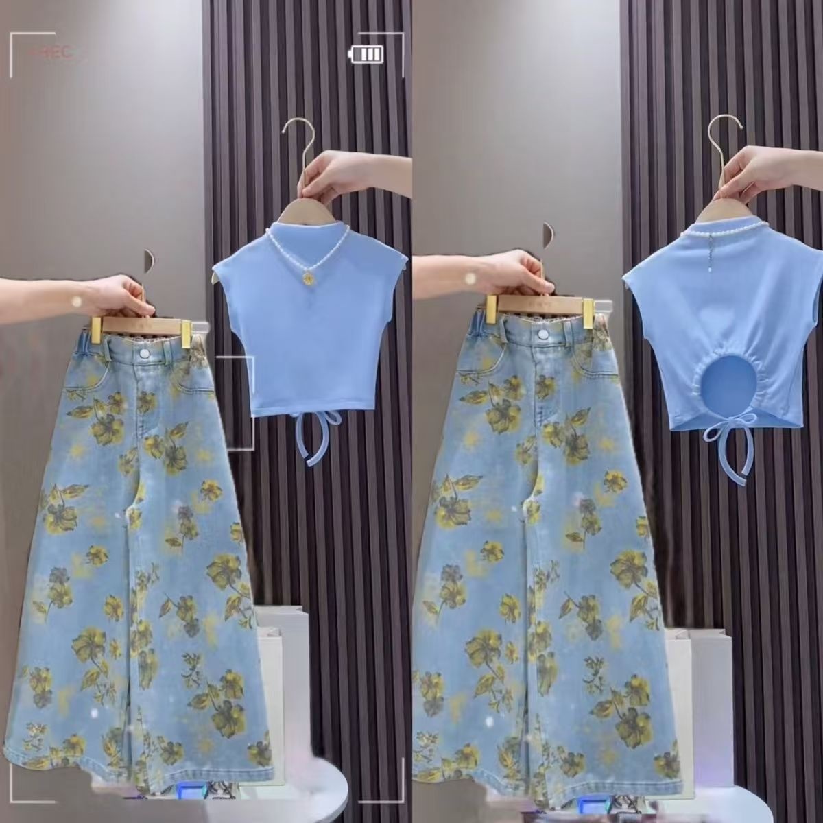 Girls' Summer Suit Girls' Western Style Short-sleeved Internet Celebrant Floral Pants Girls' Summer Two-piece Fashionable Set