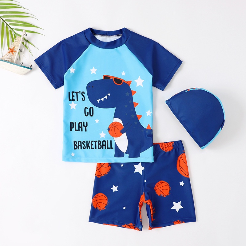 Boys And Children's Cute Dinosaur Children's Swimsuit Split Short-sleeved Sunscreen Quick-drying Swimming Cap Swimsuit Suit Style