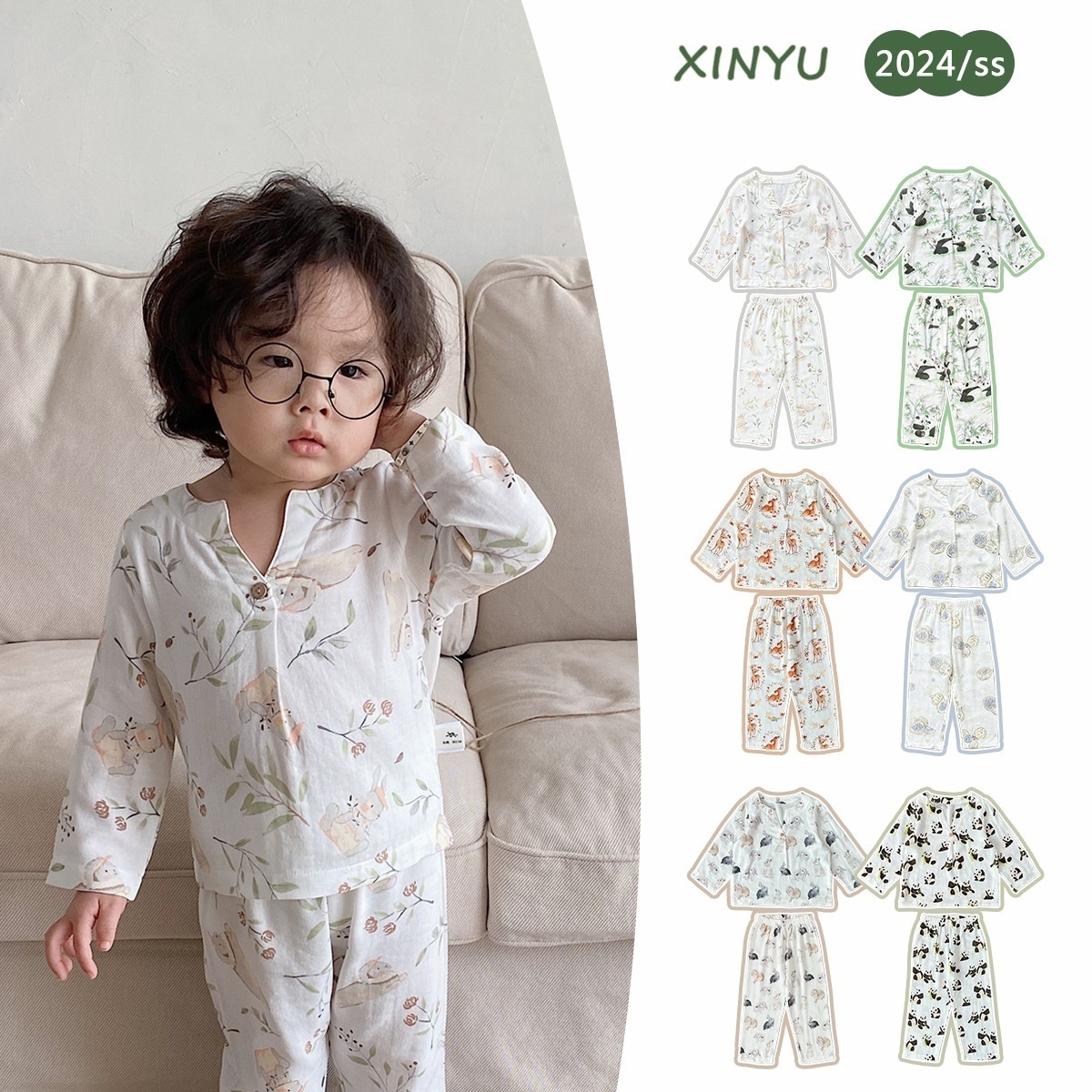Children's A-type Bamboo Cotton Home Clothes Suit Summer Boys And Girls Baby Long-sleeved Air-conditioning Clothes Pajamas