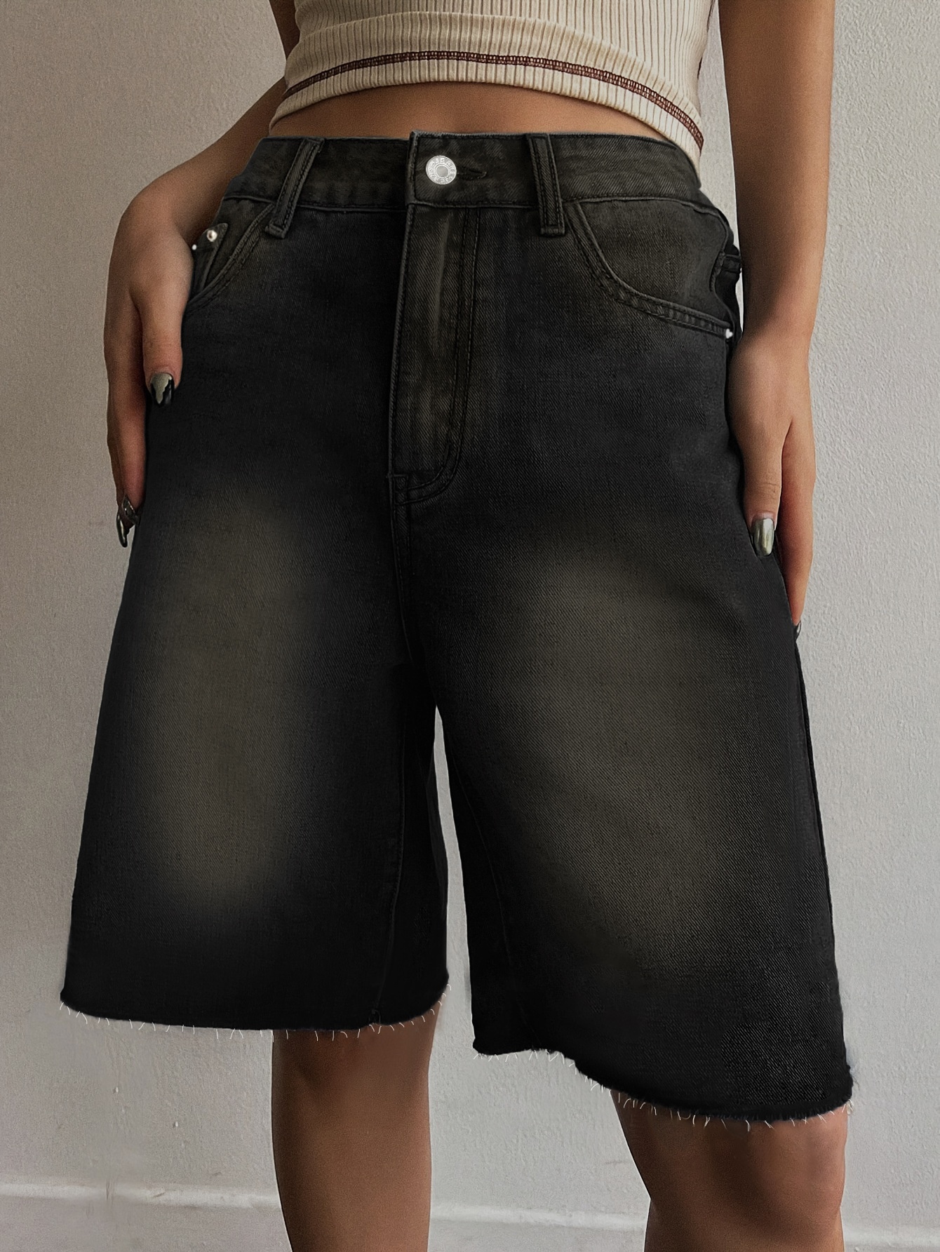American Style Black Denim Retro Shorts Loose Shorts Wide Leg Straight Shorts