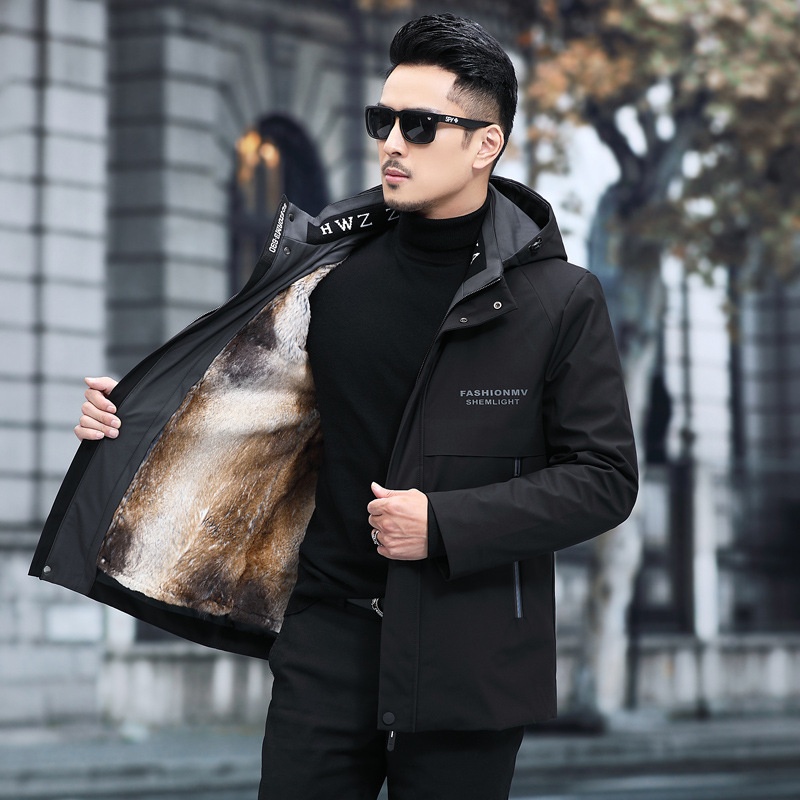 Parker Men's Mid- Length Rex Rabbit Fur Lined Fur Jacket Removable Fur All- In- One Piece Direct