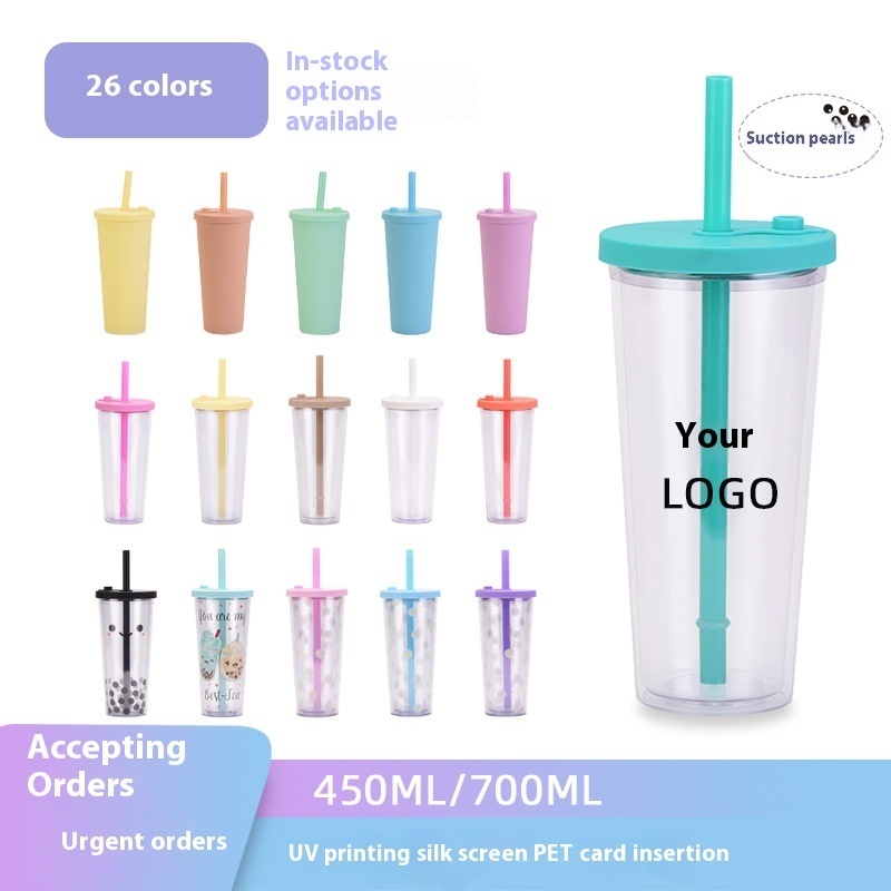 Double-layer Plastic Large Hole Straw Cup Transparent Pearl Milk Tea Cup Outdoor Sports Water Cup
