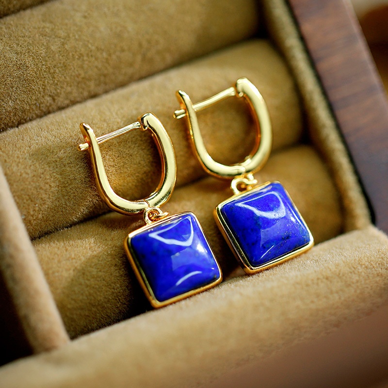 Huibaoli S925 Silver Gold-plated Inlaid Lapis Lazuli Cube Geometric Earrings For Women,Simple And Versatile Temperament Earrings