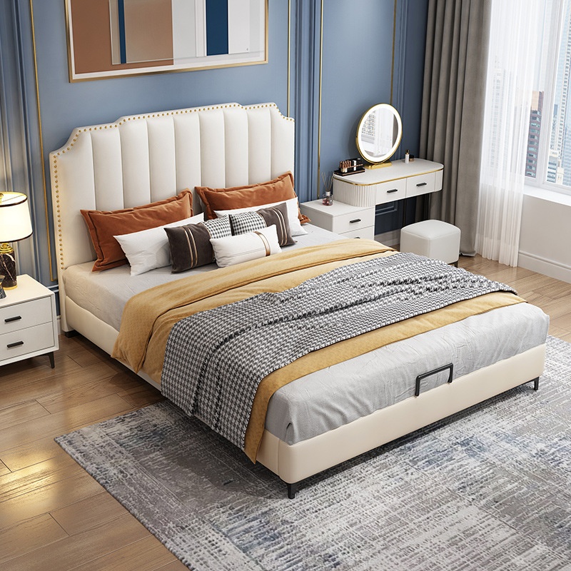 Italian Minimalist Leather Bed, Modern Simple Double Bed, Master Bedroom Solid Wood Bed, Light Luxury Internet Celebrity, American Nordic Soft Bed