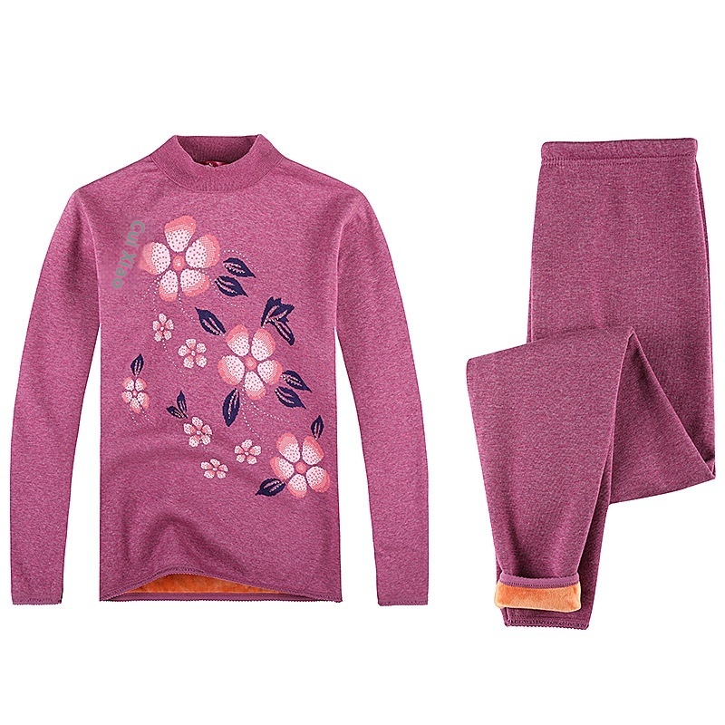 Middle-aged And Elderly Warm Suit Mom And Dad Winter Fleece-lined Thick Thermal Underwear Elderly Winter Bottoming Clothes Warm