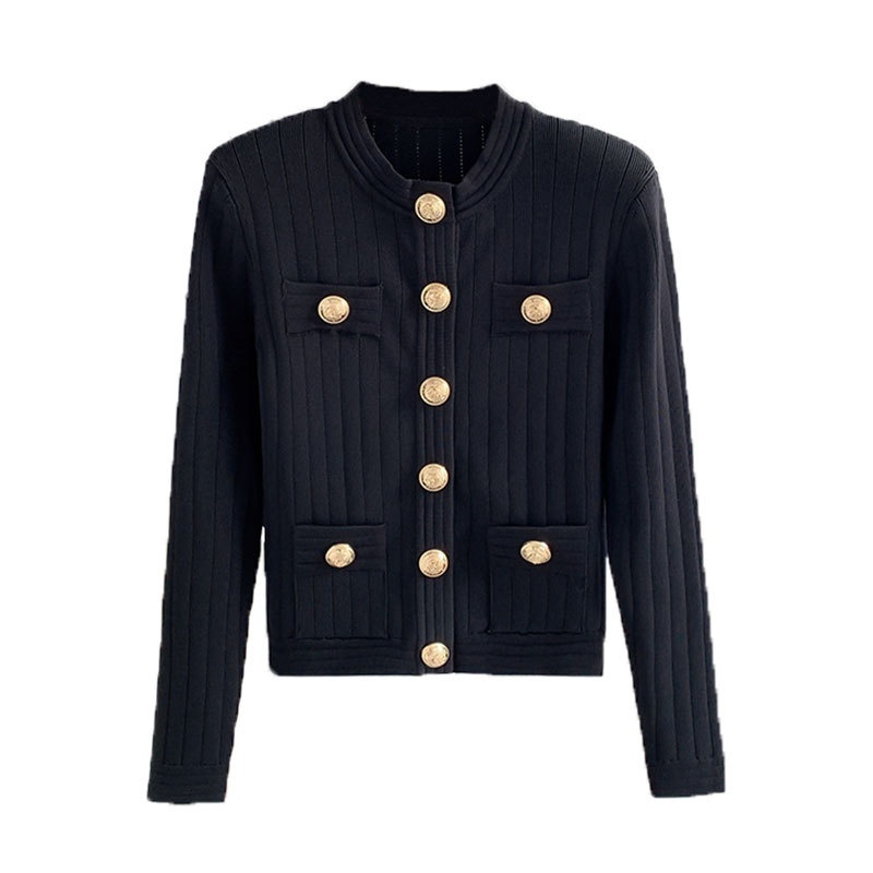 Bajia 24 Fall/Winter Style Fragrant Style Metal Buckle Knitted Cardigan Ladies Elegant Double Pocket Design Sense Top For Women