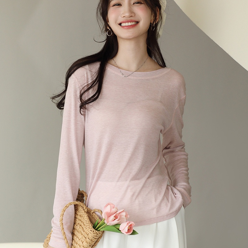 Acetate+Tencel Lyocell Bottoming Shirt Women's Spring And Summer Round Neck Cardigan Long Sleeve T-shirt Micro-transparent Outerwear Knitted Cardigan