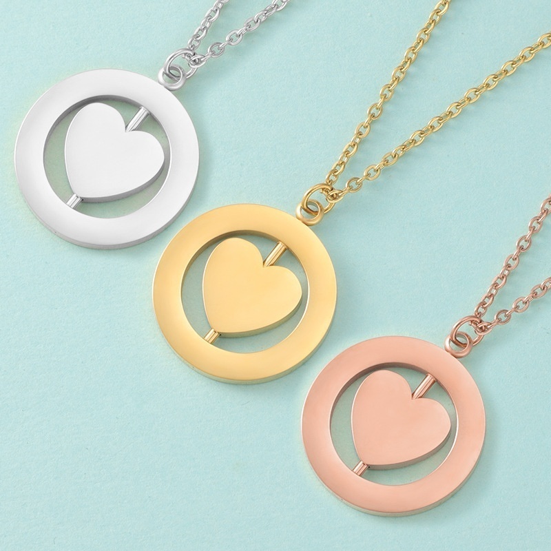 Creative European And American Style Stainless Steel Love Heart Rotatable Double-layer Geometric Round Pendant Necklace Jewelry Clavicle Chain