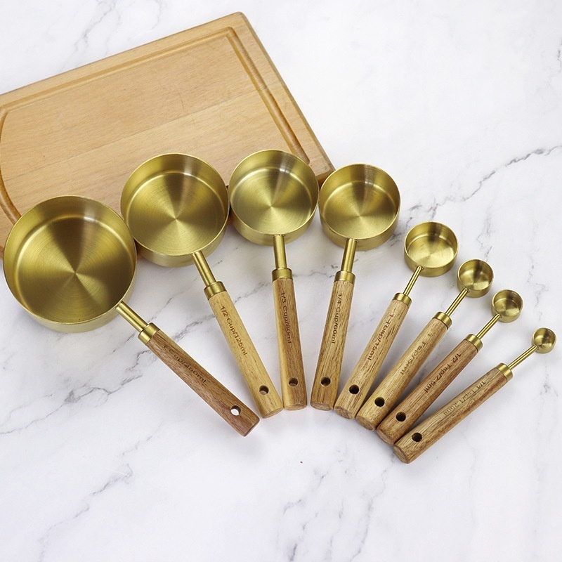 Stainless Steel Measuring Cup And Spoon Set For Baking With Scale Acacia Wood Handle Eight-piece Set Electroplated Gold Measuring Cup And Spoon