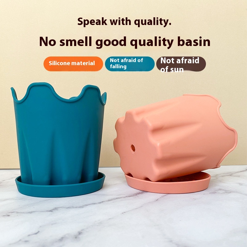 Simple Anti-fall Silicone Flower Pot Round With Tray Office Desktop Ornaments Gardening Succulent Small Flower Pot
