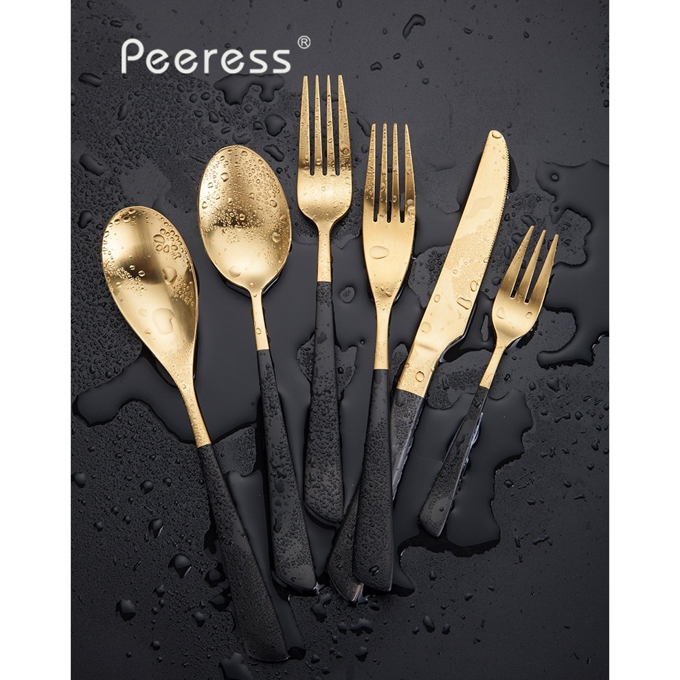 QH308 European Style Sanding Black Gold Stainless Steel Knife And Fork Spoon Service More Fork Fruit Fork Western Food Tableware