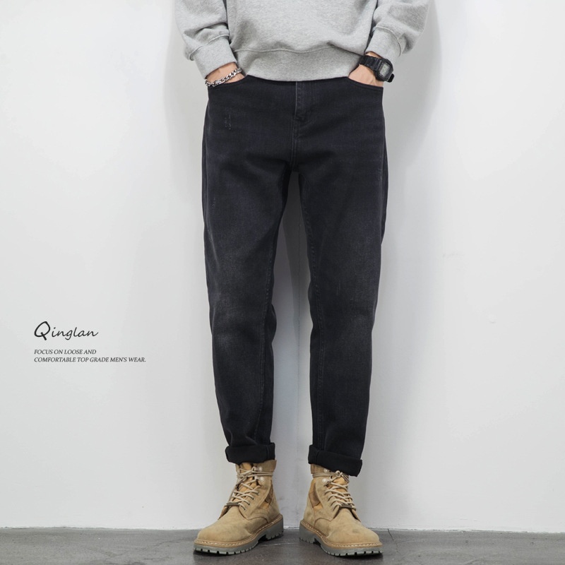 Pants Men's Elastic Tapered Slim Large Size Black Jeans Men's Loose Straight Korean Styley Casual Trousers