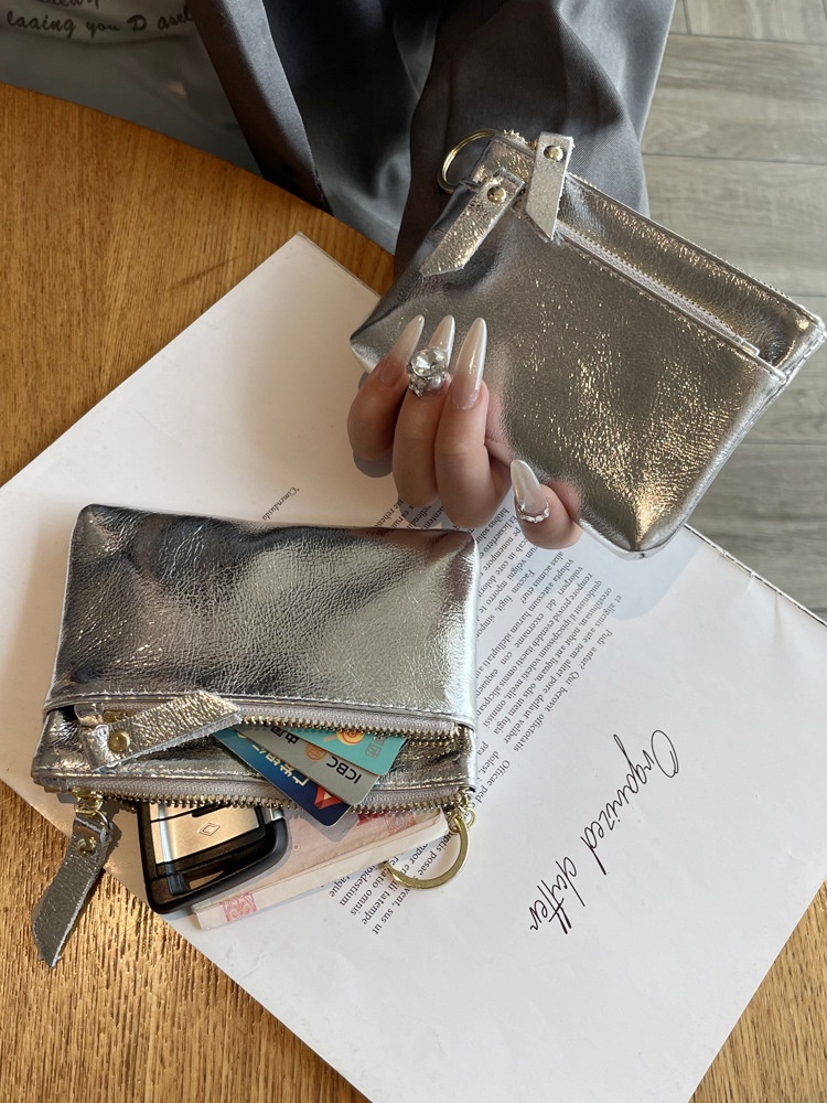 Silver Zipper Small Wallet Women's Cowhide Mini Bag Cracked Key Bag Card Bag Coin Genuine Leather Coin Purse Women