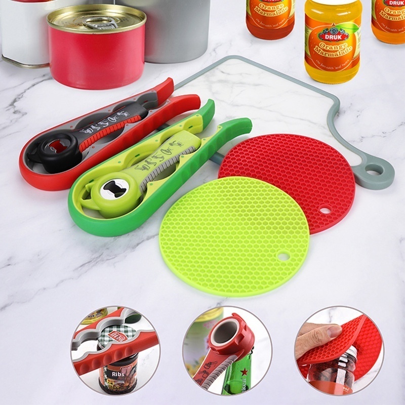 5 In1 Bottle Opener4 In1 Can Opener Silicone Heatulation Pad Plastic3 Piece Set Can Opener Bottle Opener Set
