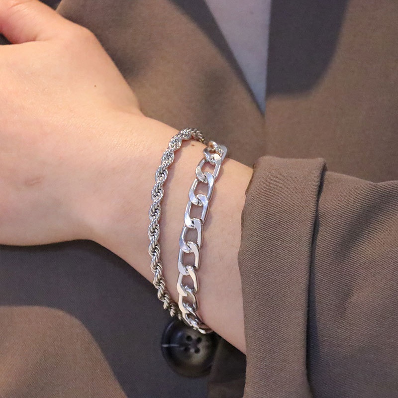 Hip-hop Cuban Bracelet,Punk Metal Twisted Rope Chain Bracelet,2-piece Set