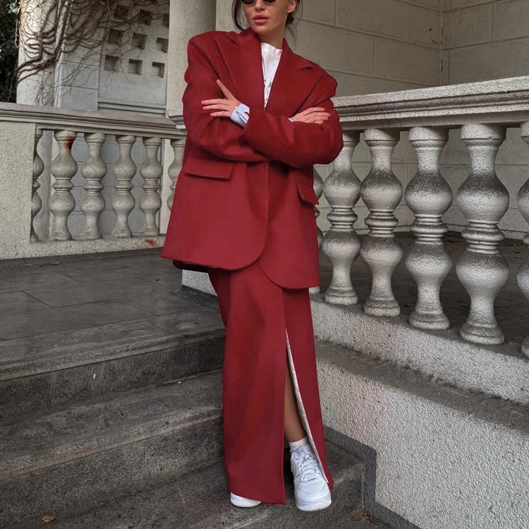 Slit Midi Skirt Suit With Lapel Long-sleeved Blazer