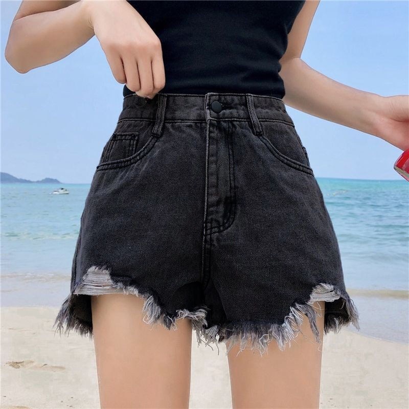 Korean Loose Slim High Waist Denim Shorts Summer Fashion All-match Raw Edge Hot Girl A-line Denim Hot Pants