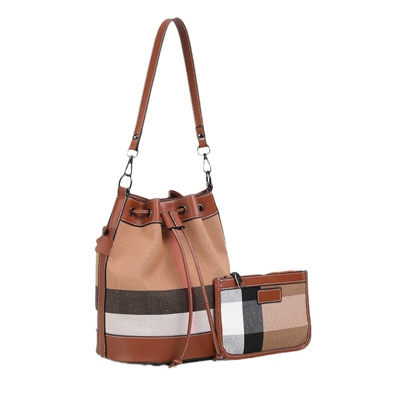 Bucket Bag Genuine Leather Stitching Women's Bag Shoulder Crossbody Bag Canvas Prellis Bag All-match Bag
