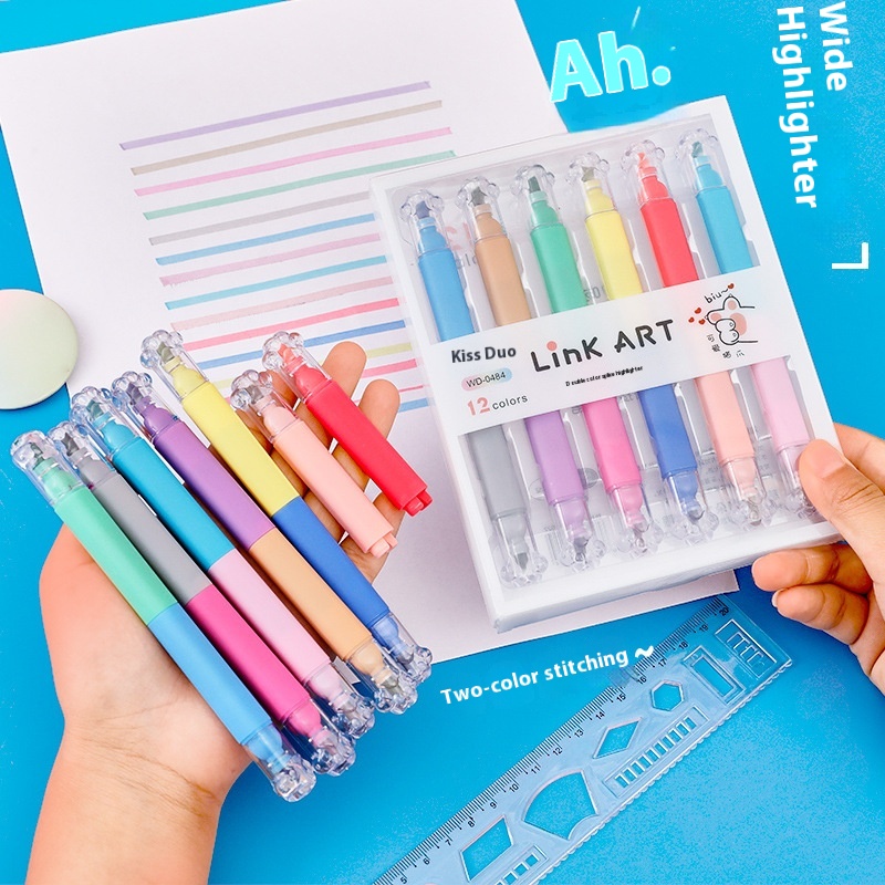Two-color Splicing Fluorescent Pen Student12 Color Box Color Cat Claw Hand Account Pen Stroke Key Mark Marker Pen